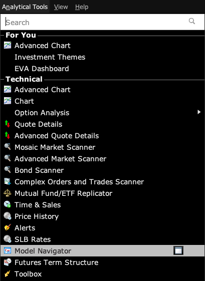 Model Navigator na lista de ferramentas analíticas